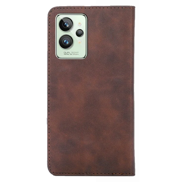 Para Realme GT2 Pro Pele táctil Sensação Leather Case Card Holder Auto-absorbed Magnetic Stand Mobile Phone Cover - Castanho Escuro
