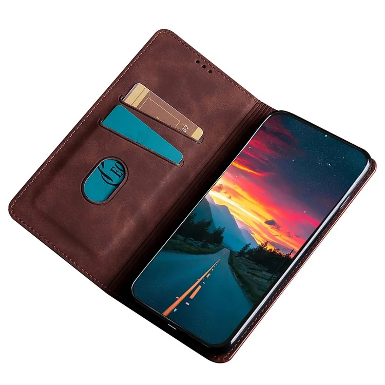 Para Realme GT2 Pro Pele táctil Sensação Leather Case Card Holder Auto-absorbed Magnetic Stand Mobile Phone Cover - Castanho Escuro