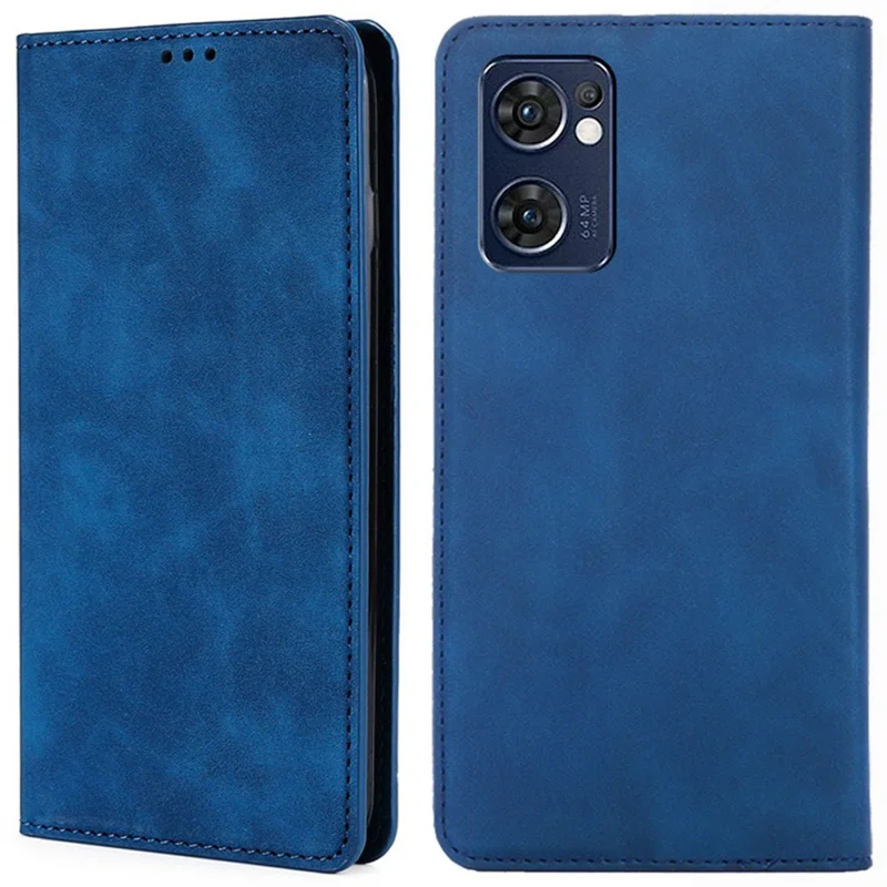 For Oppo Find X5 Lite Skin Touch Feeling Flip Case PU Leather Magnetic Absorption Folding Stand Cover with Card Slots - Blue