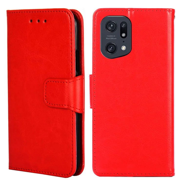 For Oppo Find X5 Pro Drop-proof Mobile Phone Cover Case PU Leather Wallet Stand Protective Shell - Red