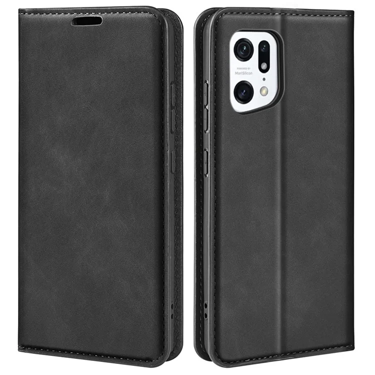 Für Oppo Find X5 magnetischer automatisch schließender Skin-Touch-Feeling PU-Leder-Ständer-Brieftasche Handyhülle - Schwarz