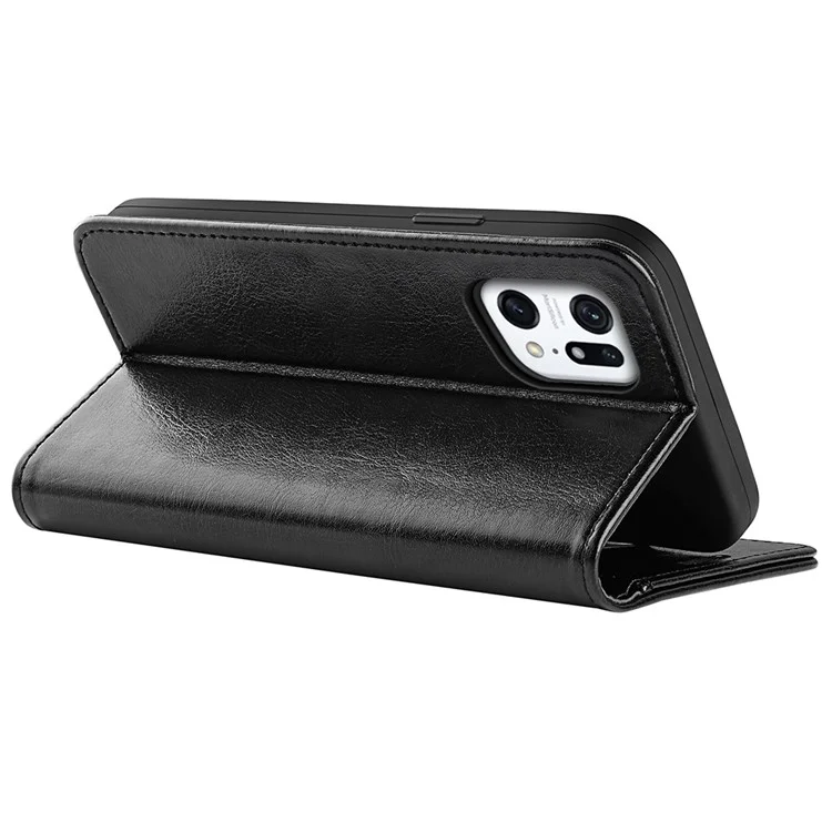 For Oppo Find X5 Phone Cover Crazy Horse Texture Folio Flip Leather Wallet Stand Phone Case - Black