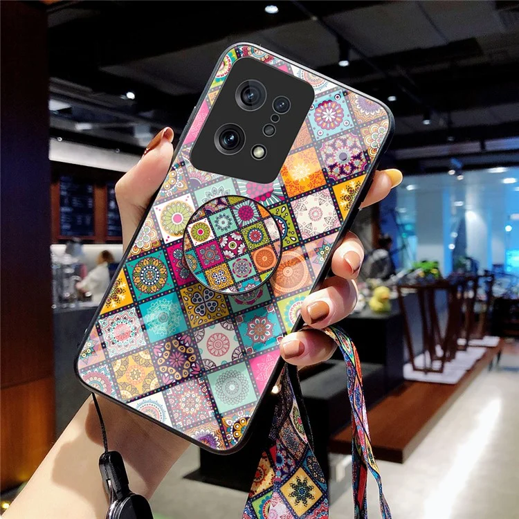 Para Oppo Find X5 Capa de telefone à prova de arranhões com suporte - Padrão Floral Design Hard Tempered Glass + PC Back + Quadro TPU Macio