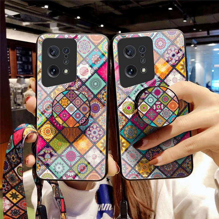 Para Oppo Find X5 Capa de telefone à prova de arranhões com suporte - Padrão Floral Design Hard Tempered Glass + PC Back + Quadro TPU Macio