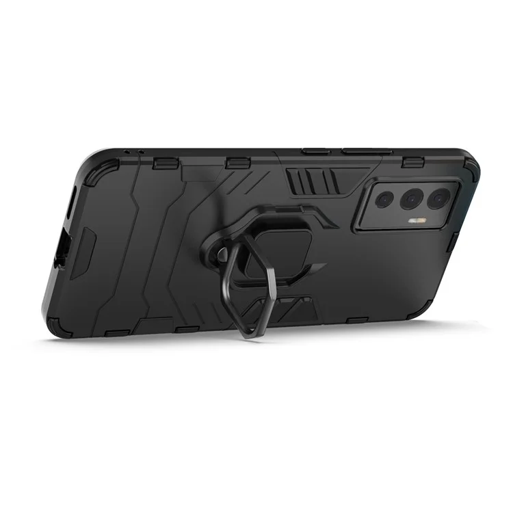 Capa Protetora Híbrida de PC + TPU para telefone vivo S10e/V23e 4G com suporte para visualização em paisagem e anel - Preta