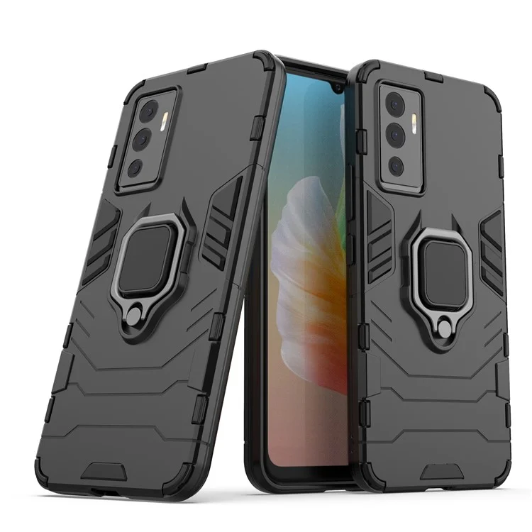 Capa Protetora Híbrida de PC + TPU para telefone vivo S10e/V23e 4G com suporte para visualização em paisagem e anel - Preta