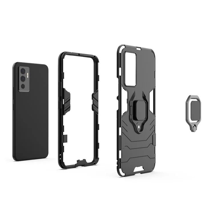 Capa Protetora Híbrida de PC + TPU para telefone vivo S10e/V23e 4G com suporte para visualização em paisagem e anel - Preta