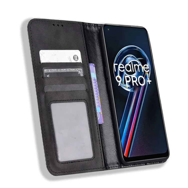 Per Realme 9 Pro+ PU Leather Magnetic Auto-absorbed Vintage Mosaic Imprinted Stand Case with Wallet - Nero