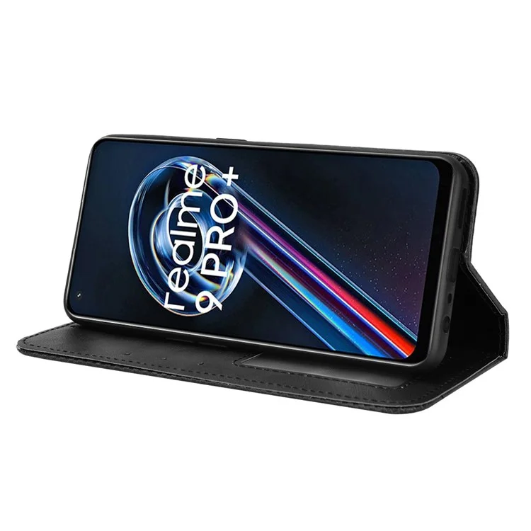 Per Realme 9 Pro+ PU Leather Magnetic Auto-absorbed Vintage Mosaic Imprinted Stand Case with Wallet - Nero