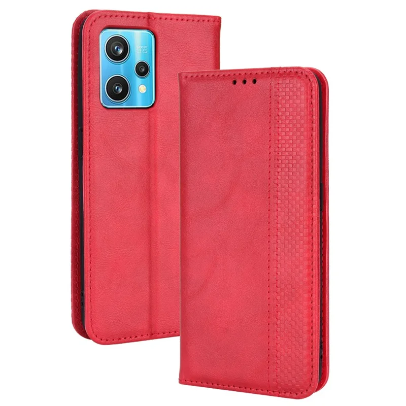 For Realme 9 Pro+ PU Leather Magnetic Auto-absorbed Vintage Mosaic Imprinted Stand Case with Wallet - Red