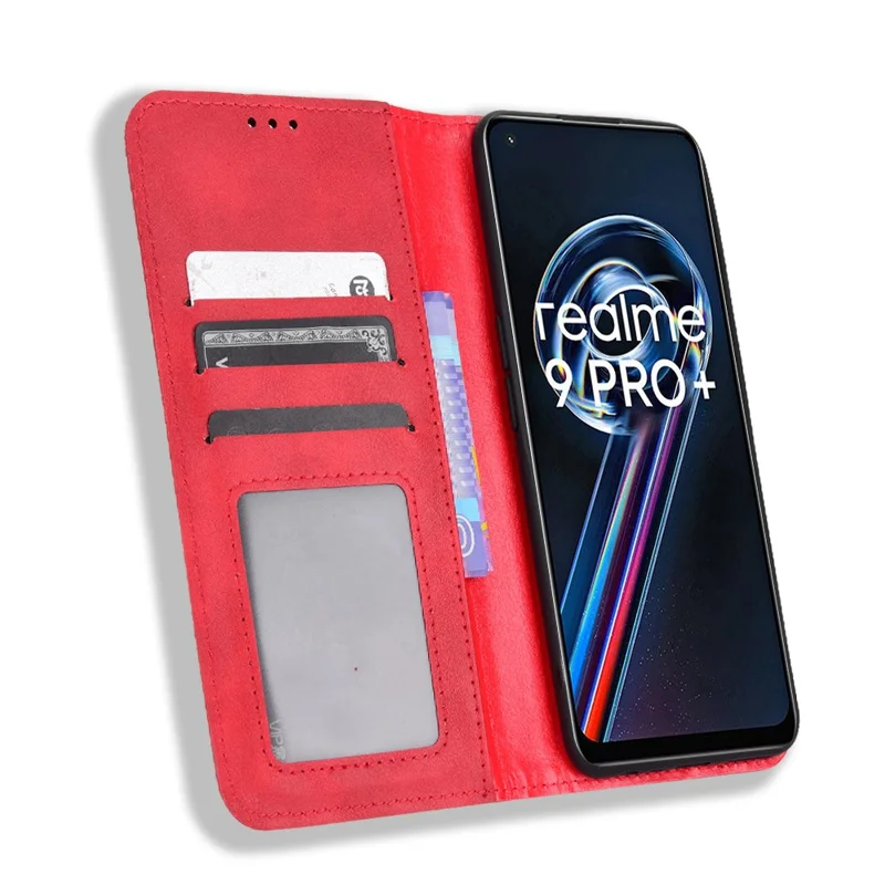 For Realme 9 Pro+ PU Leather Magnetic Auto-absorbed Vintage Mosaic Imprinted Stand Case with Wallet - Red