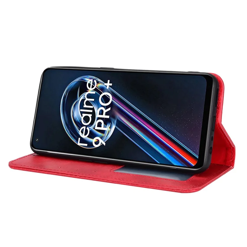 For Realme 9 Pro+ PU Leather Magnetic Auto-absorbed Vintage Mosaic Imprinted Stand Case with Wallet - Red