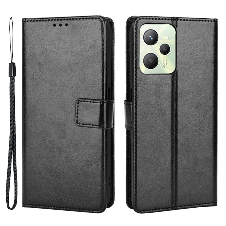 Para Realme C35 Crazy Horse Texture Well-protected PU Leather Mobile Phone Stand Case Wallet Cover - Negro