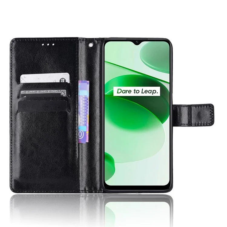 Para Realme C35 Crazy Horse Texture Well-protected PU Leather Mobile Phone Stand Case Wallet Cover - Negro