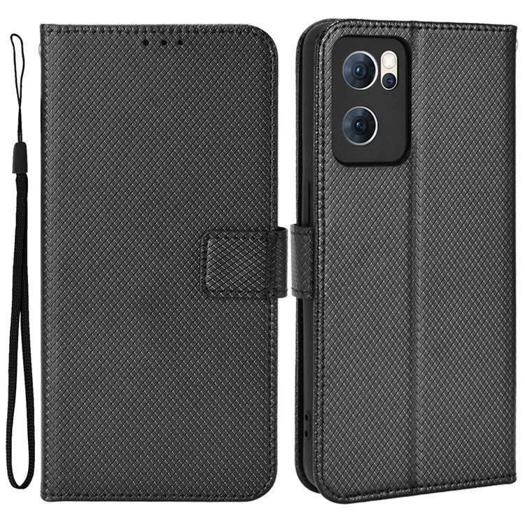 For Oppo Reno7 5G (China) Drop Resistant Diamond Texture Phone Case Cover with Wallet Function PU Leather Stand Cell Phone Shell with Strap - Black