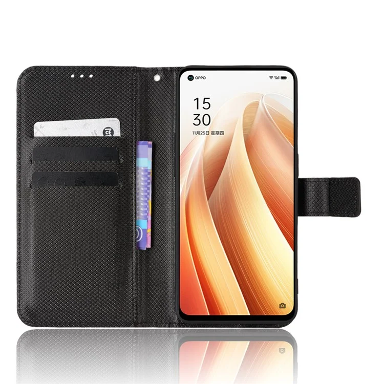 For Oppo Reno7 5G (China) Drop Resistant Diamond Texture Phone Case Cover with Wallet Function PU Leather Stand Cell Phone Shell with Strap - Black