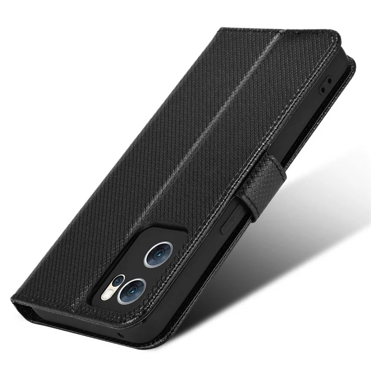 For Oppo Reno7 5G (China) Drop Resistant Diamond Texture Phone Case Cover with Wallet Function PU Leather Stand Cell Phone Shell with Strap - Black