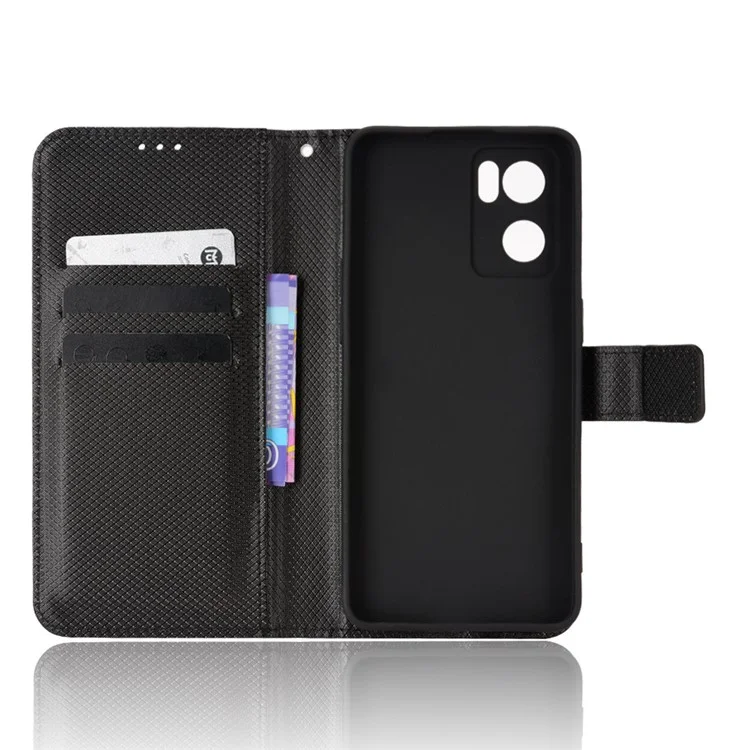 For Oppo Reno7 5G (China) Drop Resistant Diamond Texture Phone Case Cover with Wallet Function PU Leather Stand Cell Phone Shell with Strap - Black