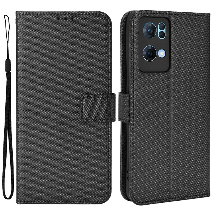 For Oppo Reno7 Pro 5G Diamond Texture Phone Case Cover with Wallet Function PU Leather Horizontal Stand Cell Phone Shell - Black