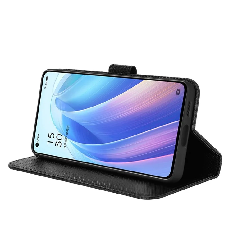 For Oppo Reno7 Pro 5G Diamond Texture Phone Case Cover with Wallet Function PU Leather Horizontal Stand Cell Phone Shell - Black