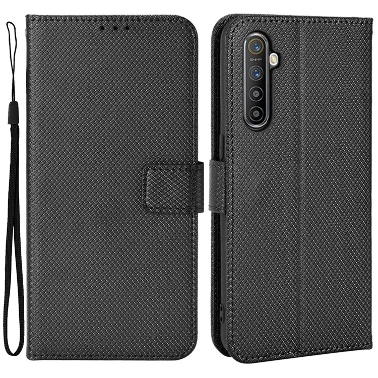 Para Oppo K5/Realme XT/Realme X2 Diamond Texture Case Funt Cubierta Cuerpo Compro PU PU Cula de lo Celo de Culo Chonel Chell Con Correp - Negro