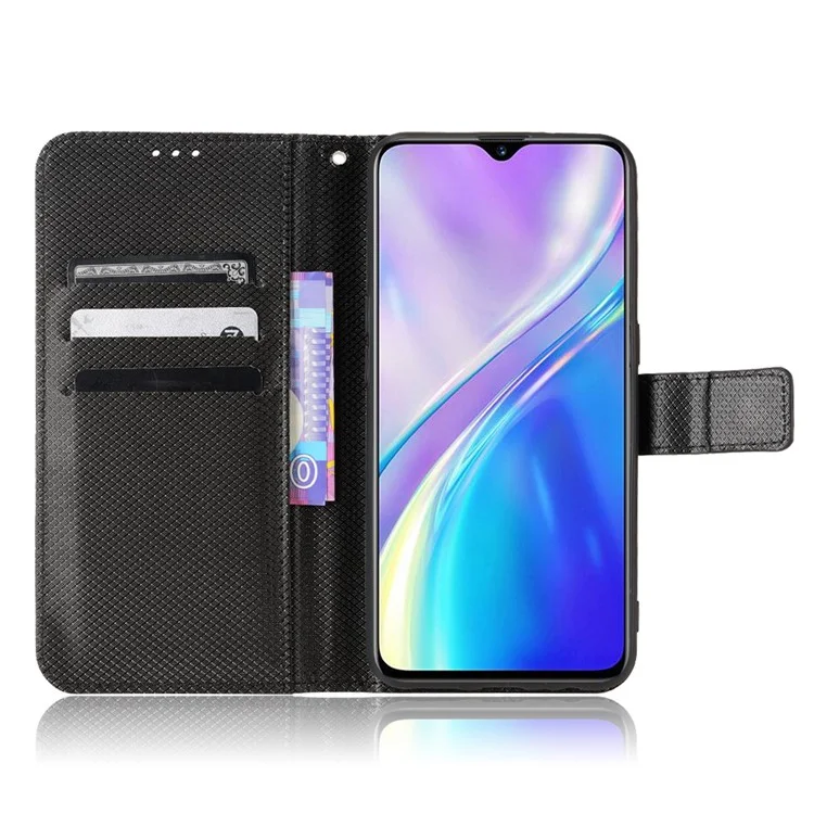 Para Oppo K5/Realme XT/Realme X2 Diamond Texture Case Funt Cubierta Cuerpo Compro PU PU Cula de lo Celo de Culo Chonel Chell Con Correp - Negro