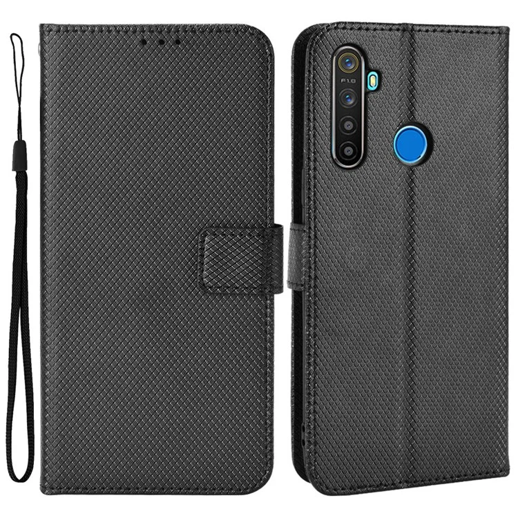 Para Realme 5/5s/5i Diamond Texture Case de la Caja Del Teléfono Con Función de Billetera PU Capilla Del Teléfono Celular Con Correa - Negro