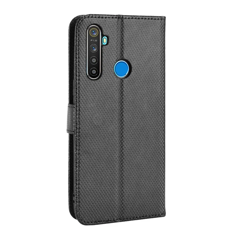 Para Realme 5/5s/5i Diamond Texture Case de la Caja Del Teléfono Con Función de Billetera PU Capilla Del Teléfono Celular Con Correa - Negro