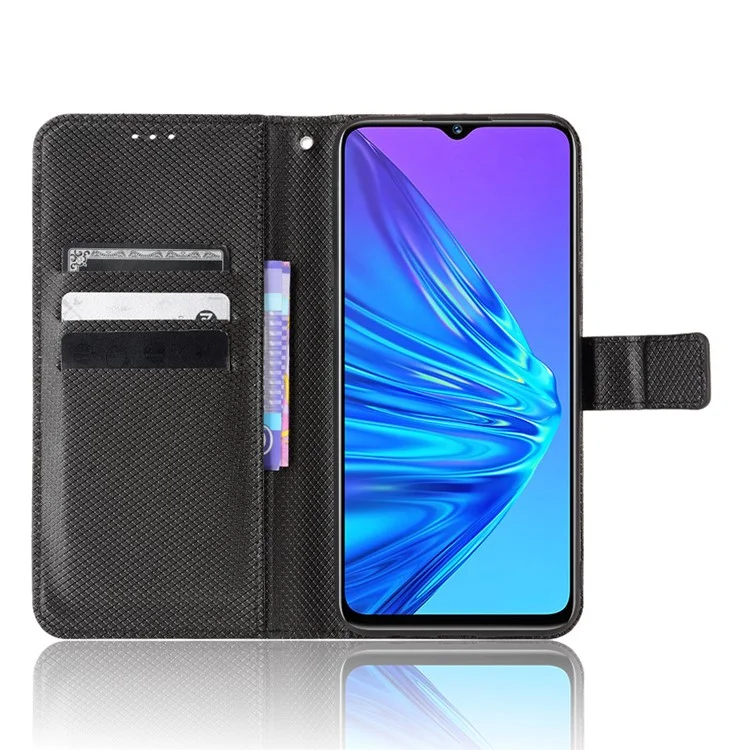 Para Realme 5/5s/5i Diamond Texture Case de la Caja Del Teléfono Con Función de Billetera PU Capilla Del Teléfono Celular Con Correa - Negro