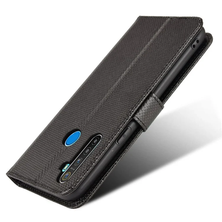Para Realme 5/5s/5i Diamond Texture Case de la Caja Del Teléfono Con Función de Billetera PU Capilla Del Teléfono Celular Con Correa - Negro