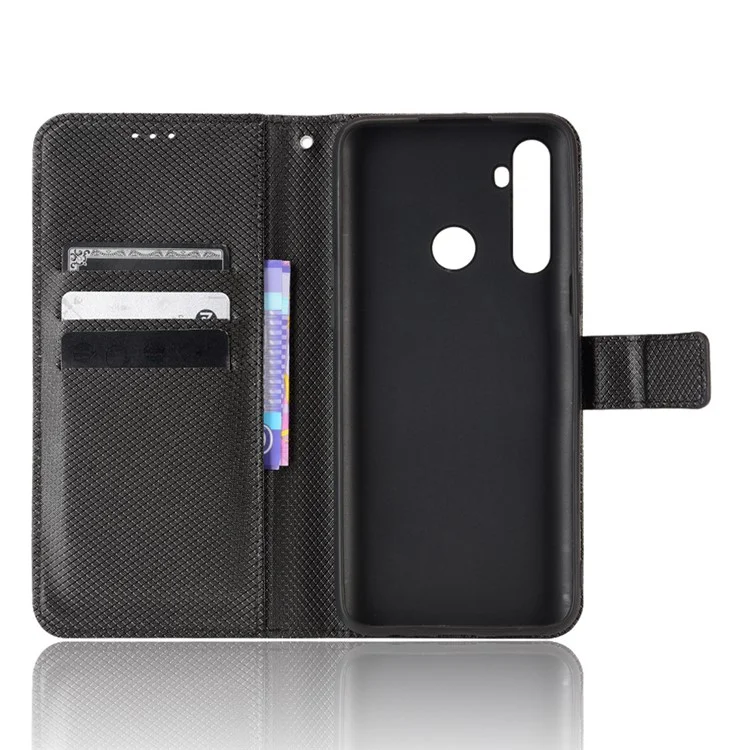 Para Realme 5/5s/5i Diamond Texture Case de la Caja Del Teléfono Con Función de Billetera PU Capilla Del Teléfono Celular Con Correa - Negro