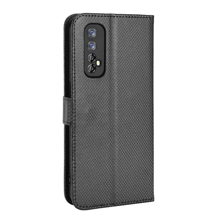 For Realme 7 (Global)/Realme Narzo 20 Pro Diamond Texture Phone Case Cover with Wallet Function PU Leather + TPU Stand Cell Phone Shell - Black