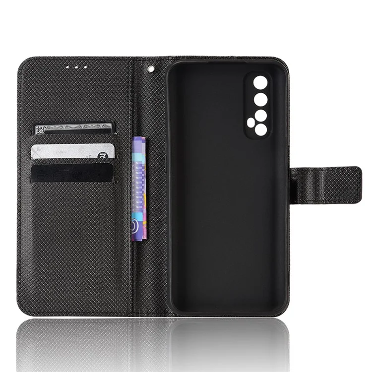 For Realme 7 (Global)/Realme Narzo 20 Pro Diamond Texture Phone Case Cover with Wallet Function PU Leather + TPU Stand Cell Phone Shell - Black