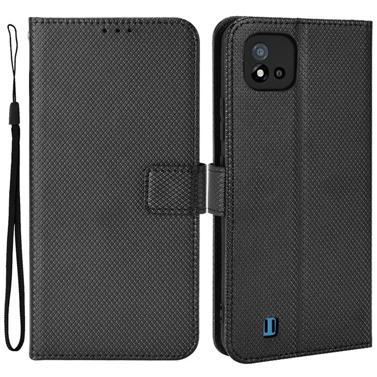 Para Realme C11 (2021) / C20 Textura De Diamante Fall Proof Case Case Capa De Couro PU Carteira Stand Telefone Celular Com Cinta - Preto
