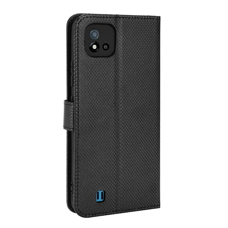 Para Realme C11 (2021) / C20 Textura De Diamante Fall Proof Case Case Capa De Couro PU Carteira Stand Telefone Celular Com Cinta - Preto