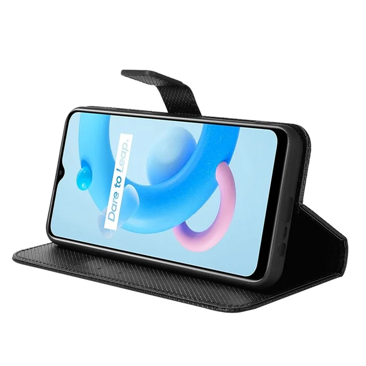 Para Realme C11 (2021) / C20 Textura De Diamante Fall Proof Case Case Capa De Couro PU Carteira Stand Telefone Celular Com Cinta - Preto