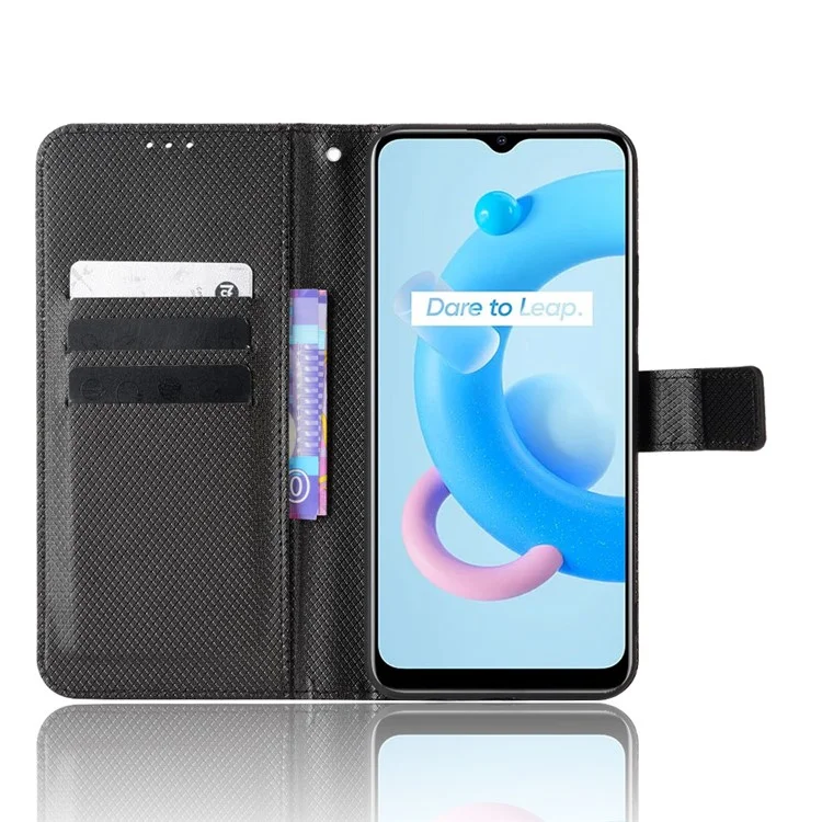 Para Realme C11 (2021) / C20 Textura De Diamante Fall Proof Case Case Capa De Couro PU Carteira Stand Telefone Celular Com Cinta - Preto
