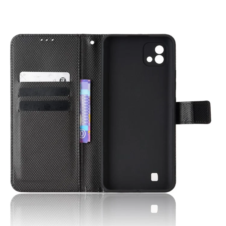 Para Realme C11 (2021) / C20 Textura De Diamante Fall Proof Case Case Capa De Couro PU Carteira Stand Telefone Celular Com Cinta - Preto