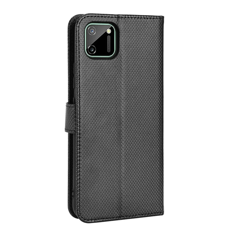 Для Realme C11 Diamond Texture Texture Cover Cover Coege Antry Strate Уолкового Стенда Сотовый Телефон Сотовый Телефон С Ремешком - Чернить