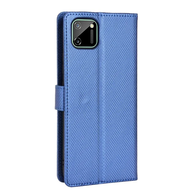 For Realme C11 Diamond Texture Phone Case Cover PU Leather Anti-scratch Wallet Stand Cell Phone Shell with Strap - Blue