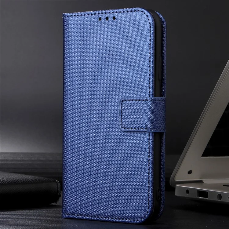 For Realme C11 Diamond Texture Phone Case Cover PU Leather Anti-scratch Wallet Stand Cell Phone Shell with Strap - Blue