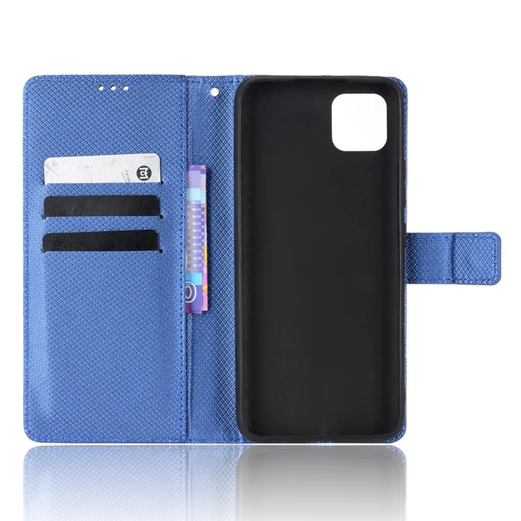 For Realme C11 Diamond Texture Phone Case Cover PU Leather Anti-scratch Wallet Stand Cell Phone Shell with Strap - Blue