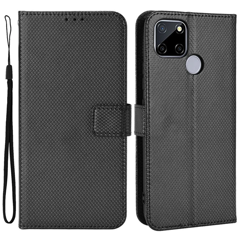 For Realme C12/C25/Narzo 20 Diamond Texture Phone Case Cover Fully Wrapped PU Leather Wallet Stand Cell Phone Shell with Strap - Black