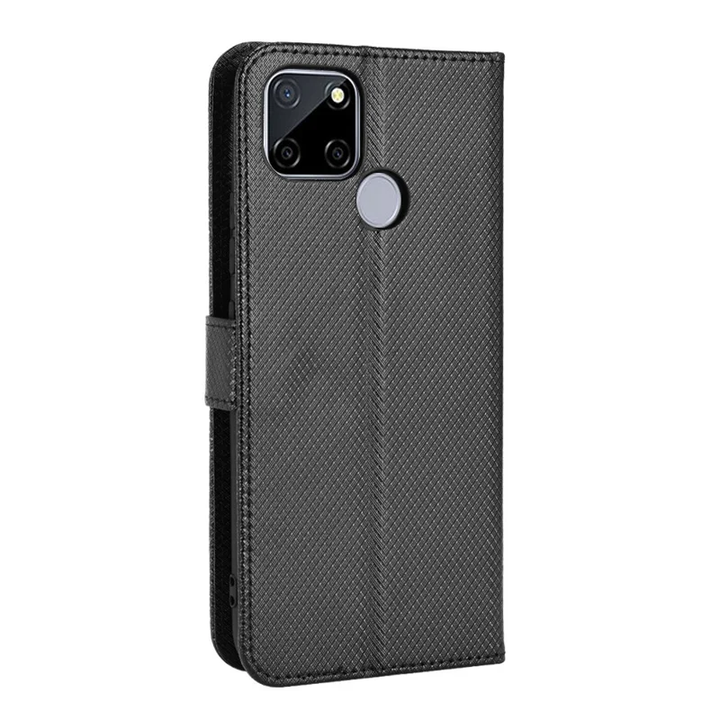 For Realme C12/C25/Narzo 20 Diamond Texture Phone Case Cover Fully Wrapped PU Leather Wallet Stand Cell Phone Shell with Strap - Black