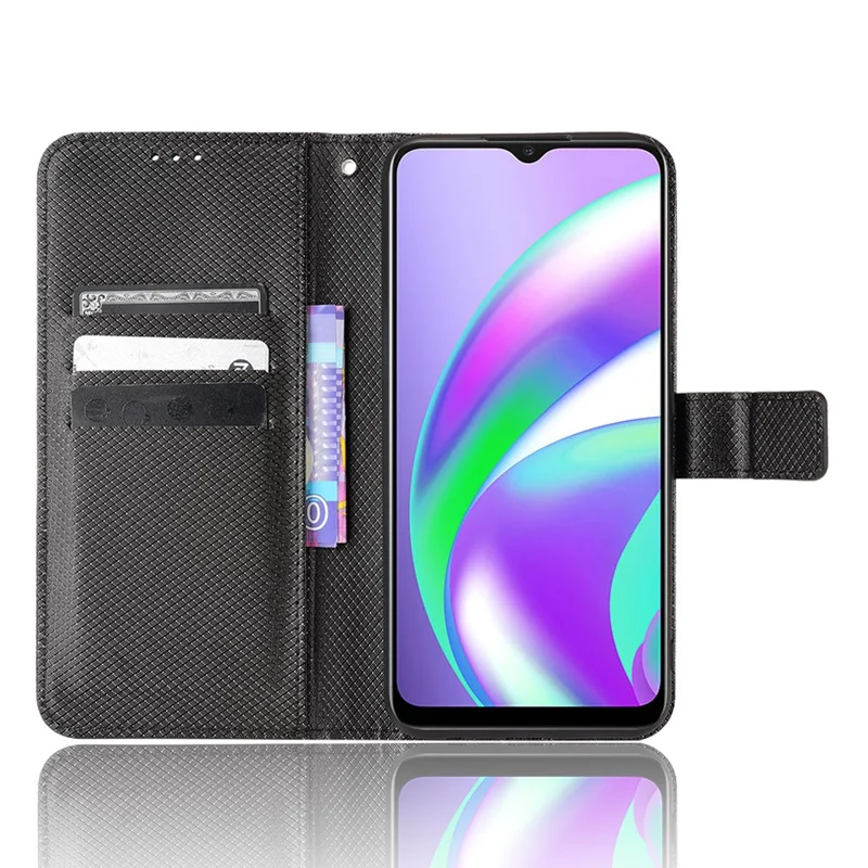 For Realme C12/C25/Narzo 20 Diamond Texture Phone Case Cover Fully Wrapped PU Leather Wallet Stand Cell Phone Shell with Strap - Black