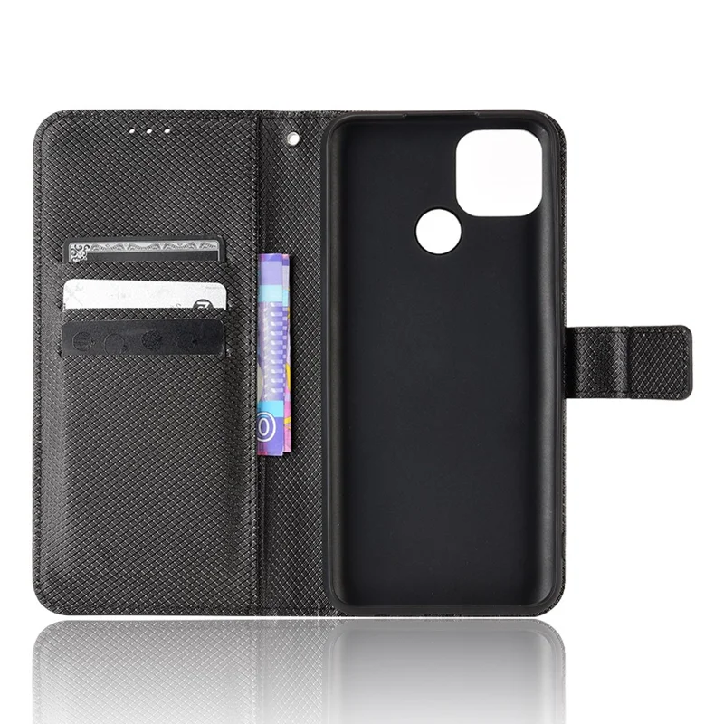 For Realme C12/C25/Narzo 20 Diamond Texture Phone Case Cover Fully Wrapped PU Leather Wallet Stand Cell Phone Shell with Strap - Black