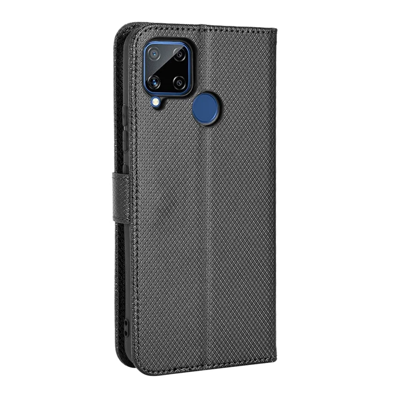 For Realme C15 Diamond Texture Magnetic Clasp Phone Case Cover PU Leather Wallet Stand Cell Phone Shell with Strap - Black