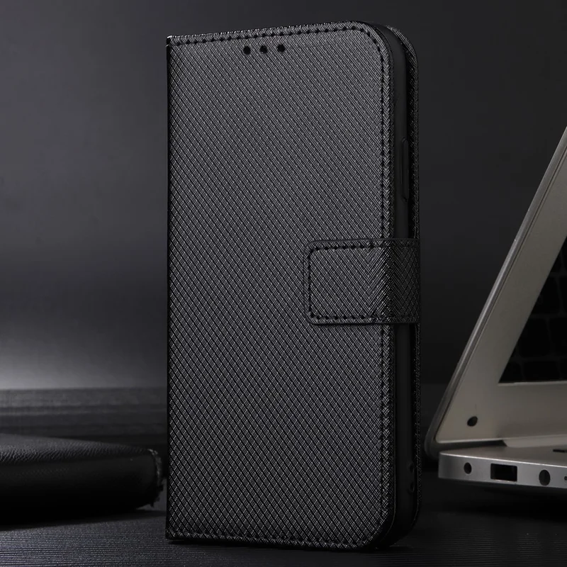 For Realme C15 Diamond Texture Magnetic Clasp Phone Case Cover PU Leather Wallet Stand Cell Phone Shell with Strap - Black