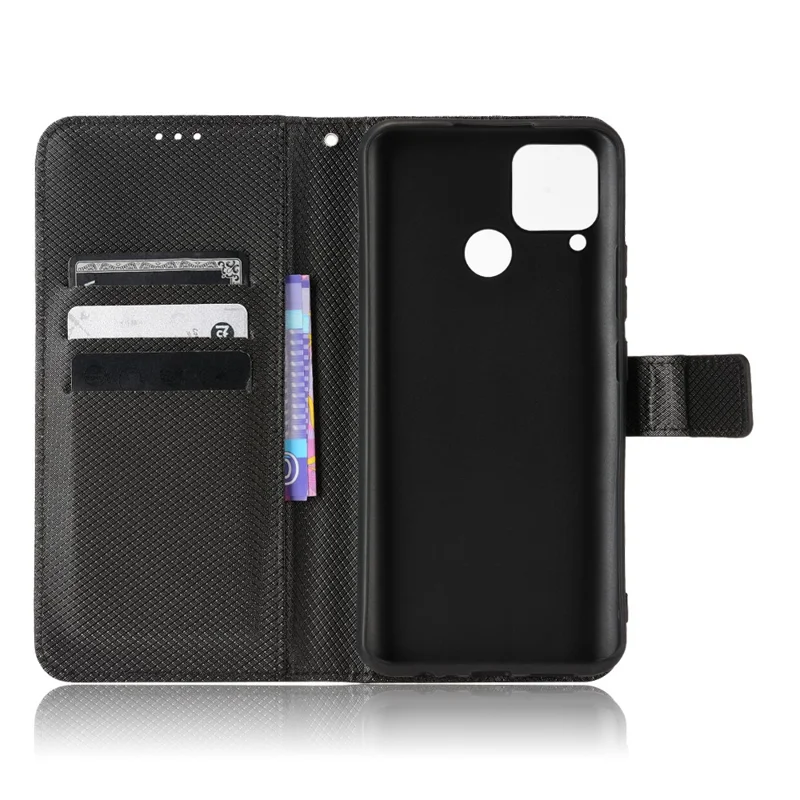 For Realme C15 Diamond Texture Magnetic Clasp Phone Case Cover PU Leather Wallet Stand Cell Phone Shell with Strap - Black