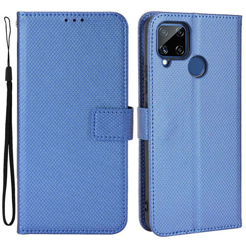 For Realme C15 Diamond Texture Magnetic Clasp Phone Case Cover PU Leather Wallet Stand Cell Phone Shell with Strap - Blue